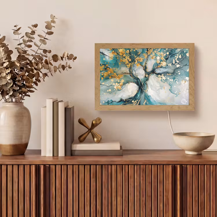 Boom - Modern - Verflook - Turquoise - Goud Light Box met kabel (Tafellamp) klein -sfeer2
