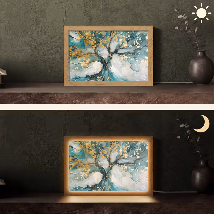 Boom - Modern - Verflook - Turquoise - Goud Light Box met kabel (Tafellamp) klein -sfeer3