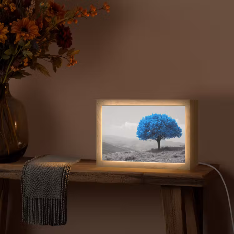 Boom - Natuur - Blauw - Zwart wit Light Box met kabel (Tafellamp) klein -sfeer4