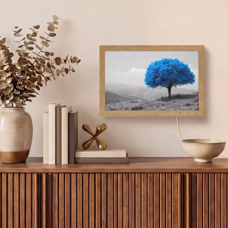 Boom - Natuur - Blauw - Zwart wit Light Box met kabel (Tafellamp) klein -sfeer2