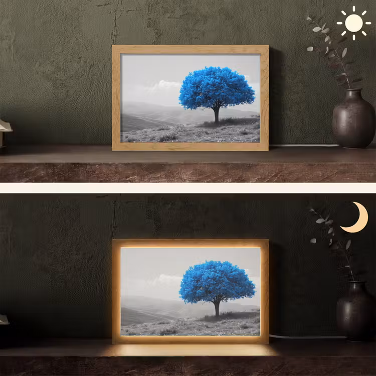 Boom - Natuur - Blauw - Zwart wit Light Box met kabel (Tafellamp) klein -sfeer3