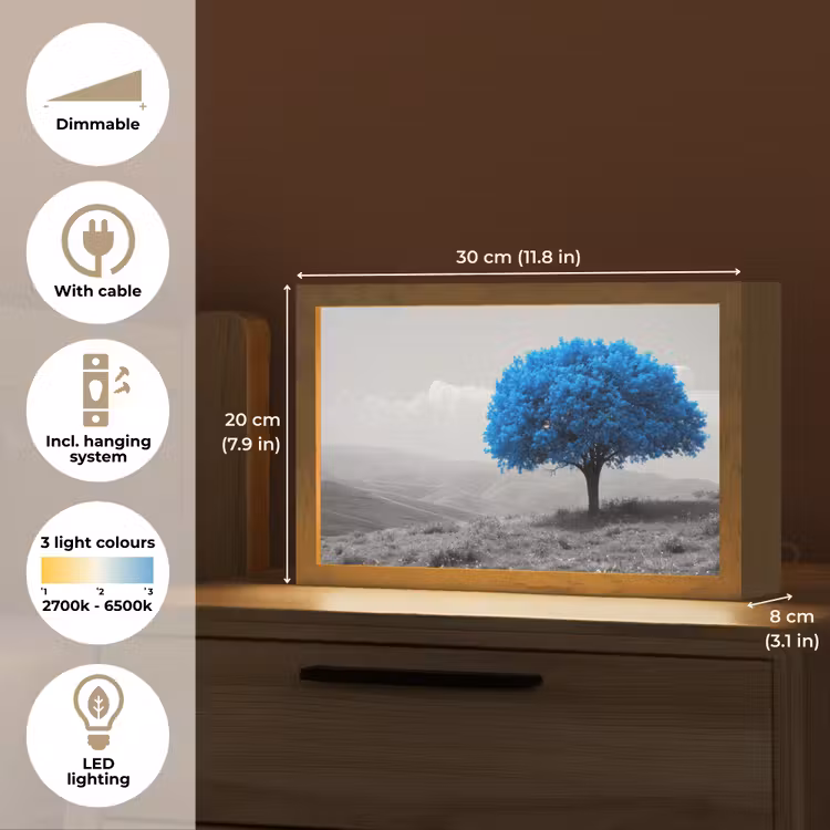 Boom - Natuur - Blauw - Zwart wit Light Box met kabel (Tafellamp) klein -USP_EN