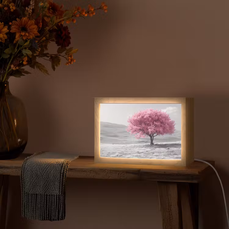 Boom - Natuur - Roze - Zwart wit Light Box met kabel (Tafellamp) klein -sfeer4