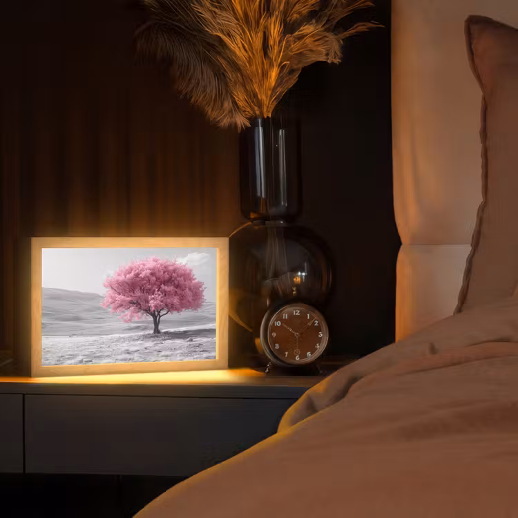 Boom - Natuur - Roze - Zwart wit Light Box met kabel (Tafellamp) klein -sfeer1