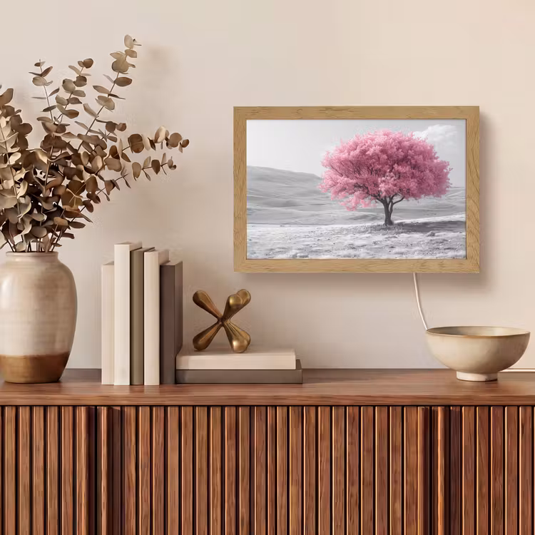Boom - Natuur - Roze - Zwart wit Light Box met kabel (Tafellamp) klein -sfeer2