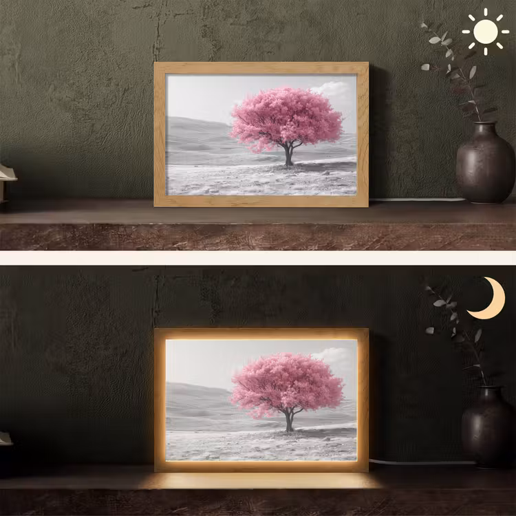 Boom - Natuur - Roze - Zwart wit Light Box met kabel (Tafellamp) klein -sfeer3