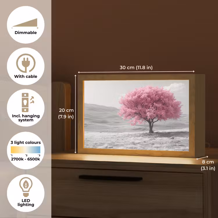 Boom - Natuur - Roze - Zwart wit Light Box met kabel (Tafellamp) klein -USP_EN