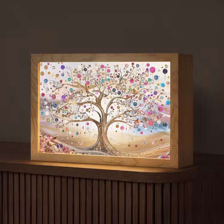 Levensboom - Goud - Kleurrijk - Abstract - Aesthetic Light Box met kabel (Tafellamp) klein -z3d_website