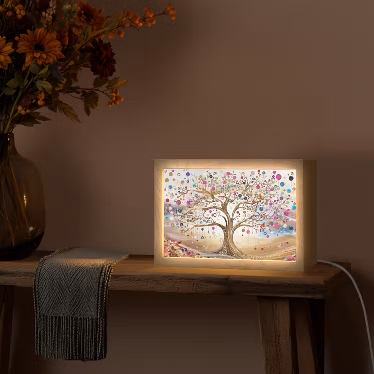 Levensboom - Goud - Kleurrijk - Abstract - Aesthetic Light Box met kabel (Tafellamp) klein -sfeer4