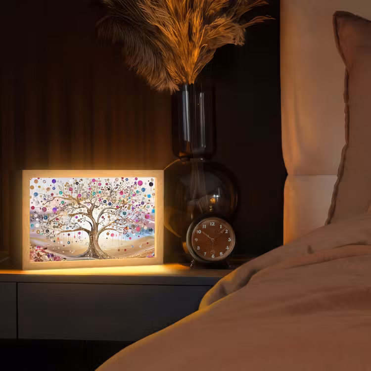 Levensboom - Goud - Kleurrijk - Abstract - Aesthetic Light Box met kabel (Tafellamp) klein -sfeer1