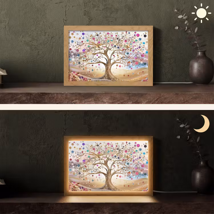 Levensboom - Goud - Kleurrijk - Abstract - Aesthetic Light Box met kabel (Tafellamp) klein -sfeer3