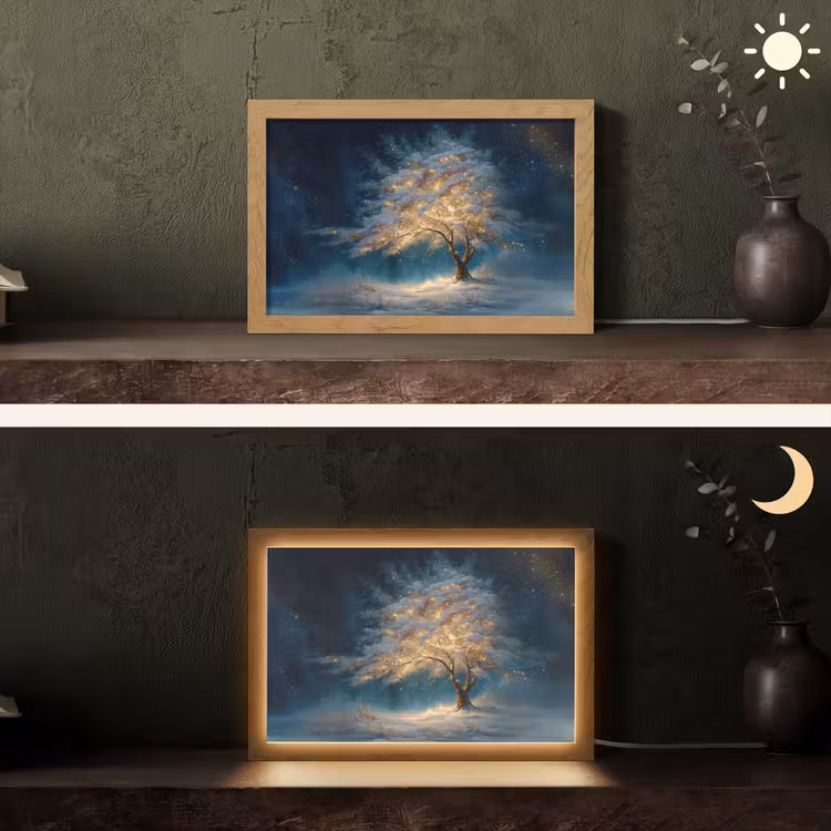 Levensboom - Nacht - Donker - Blauw Light Box met kabel (Tafellamp) klein -sfeer3