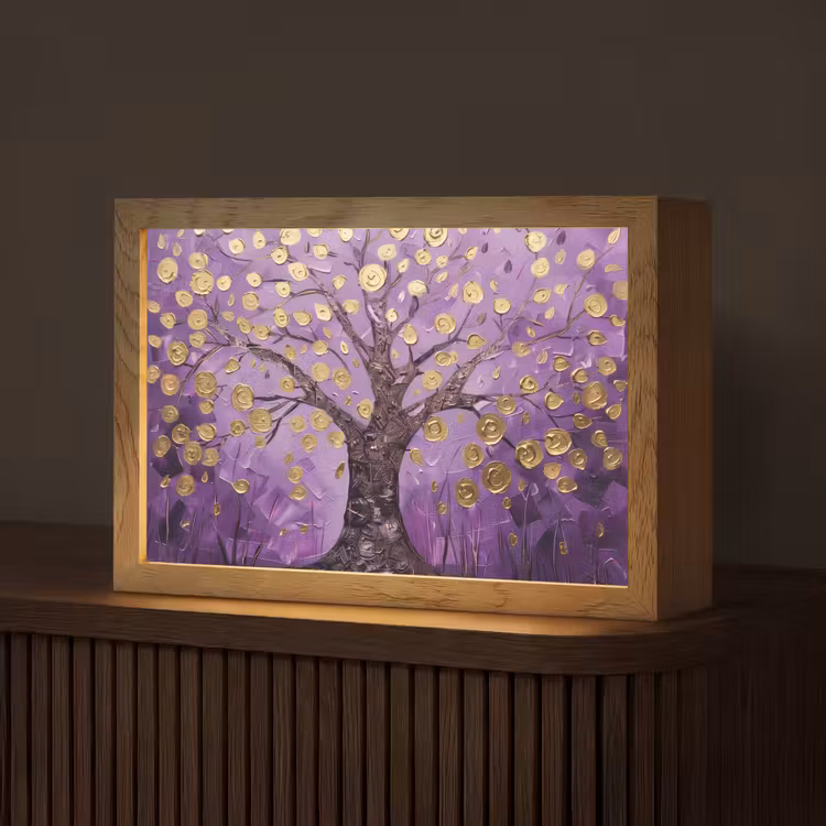 Levensboom - Boom - Paars - Goud - Modern Light Box met kabel (Tafellamp) klein -z3d_website