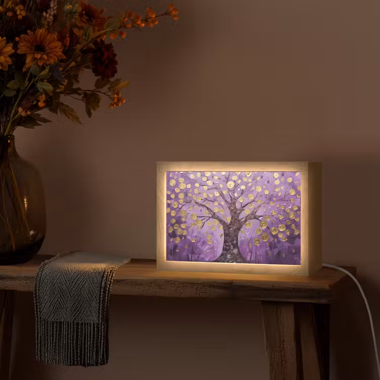 Levensboom - Boom - Paars - Goud - Modern Light Box met kabel (Tafellamp) klein -sfeer4