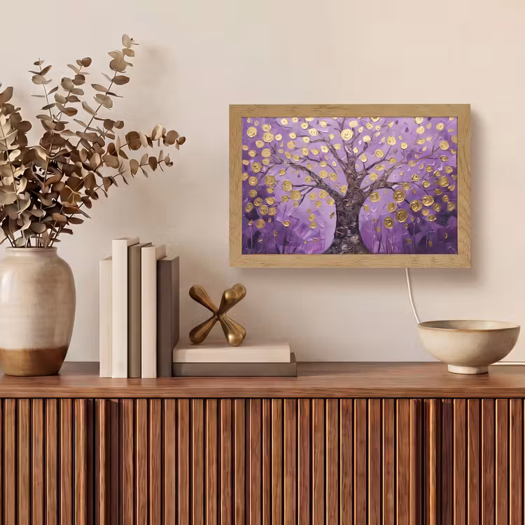 Levensboom - Boom - Paars - Goud - Modern Light Box met kabel (Tafellamp) klein -sfeer2