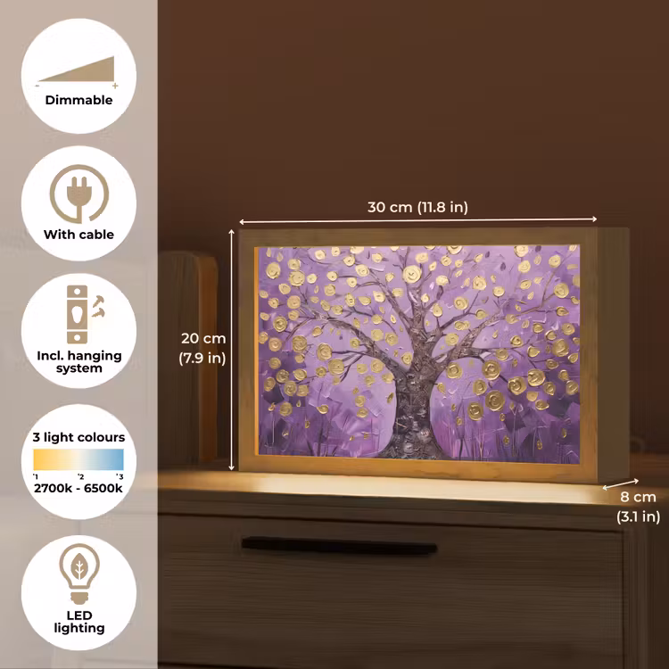 Levensboom - Boom - Paars - Goud - Modern Light Box met kabel (Tafellamp) klein -USP_EN