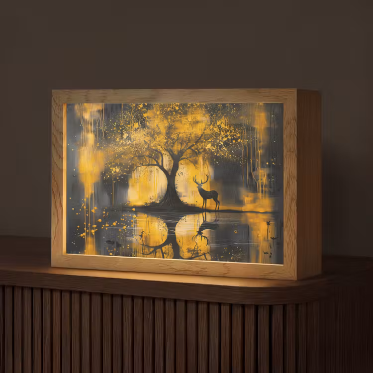 Boom - Verflook - Hert - Natuur - Goud Light Box met kabel (Tafellamp) klein -z3d_website