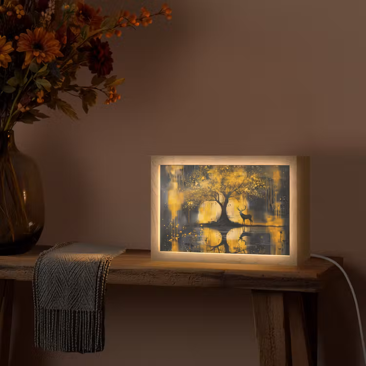 Boom - Verflook - Hert - Natuur - Goud Light Box met kabel (Tafellamp) klein -sfeer4