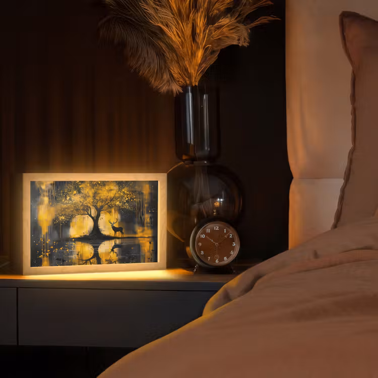 Boom - Verflook - Hert - Natuur - Goud Light Box met kabel (Tafellamp) klein -sfeer1