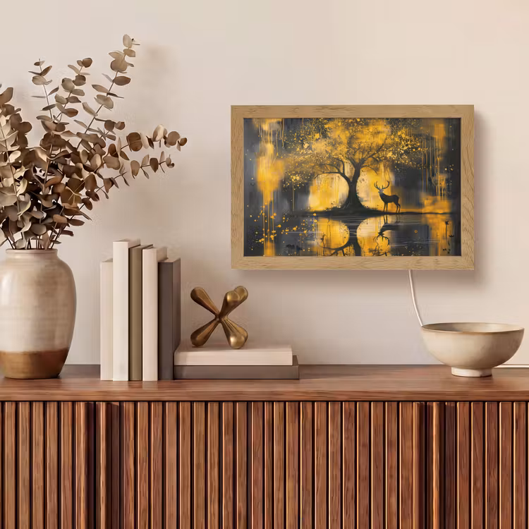 Boom - Verflook - Hert - Natuur - Goud Light Box met kabel (Tafellamp) klein -sfeer2
