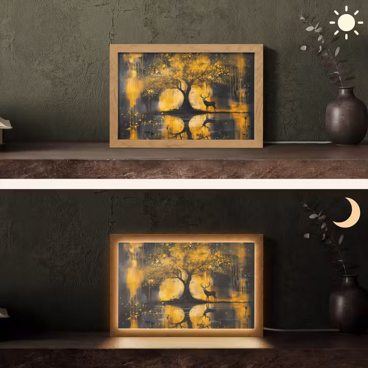 Boom - Verflook - Hert - Natuur - Goud Light Box met kabel (Tafellamp) klein -sfeer3