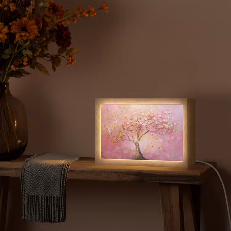 Boom - Roze - Goud - Modern Light Box met kabel (Tafellamp) klein -sfeer4