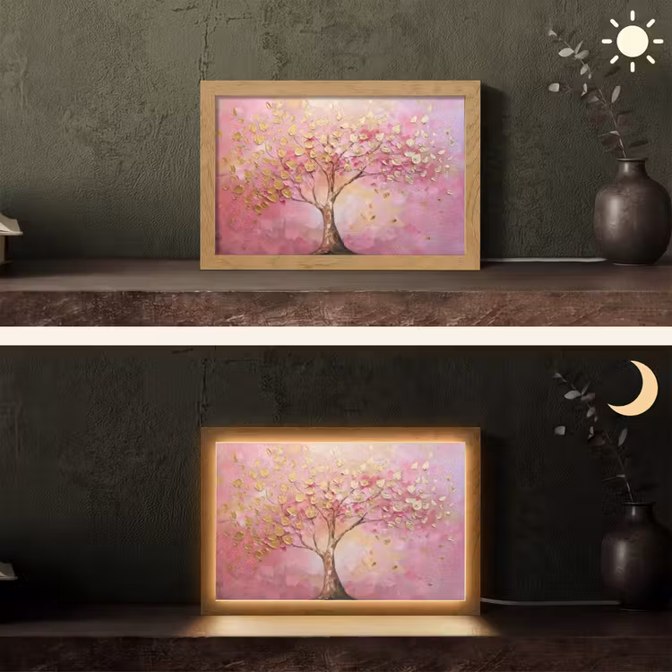 Boom - Roze - Goud - Modern Light Box met kabel (Tafellamp) klein -sfeer3
