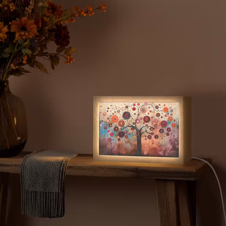 Boom - Paars - Abstract - Kunst Light Box met kabel (Tafellamp) klein -sfeer4