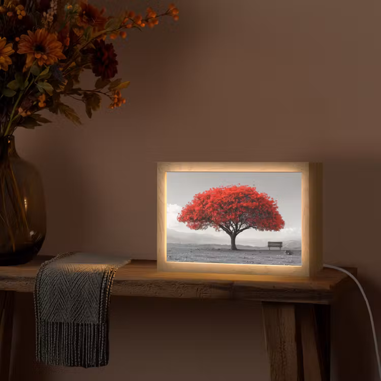 Boom - Rood - Natuur - Zwart wit Light Box met kabel (Tafellamp) klein -sfeer4