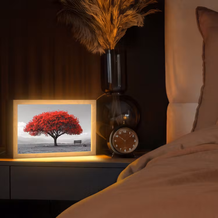 Boom - Rood - Natuur - Zwart wit Light Box met kabel (Tafellamp) klein -sfeer1