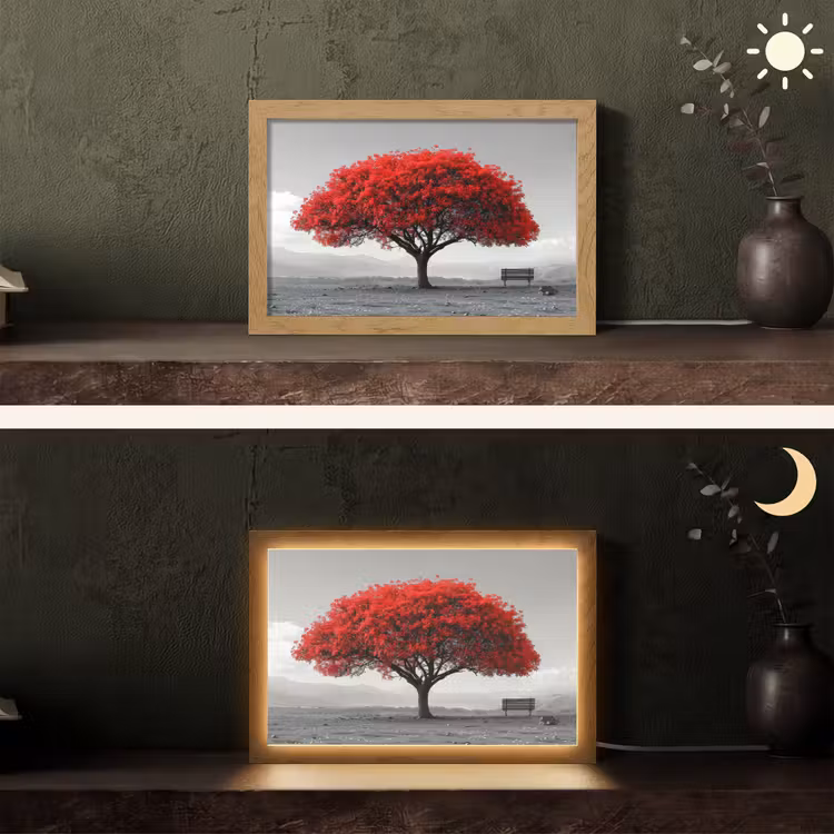 Boom - Rood - Natuur - Zwart wit Light Box met kabel (Tafellamp) klein -sfeer3