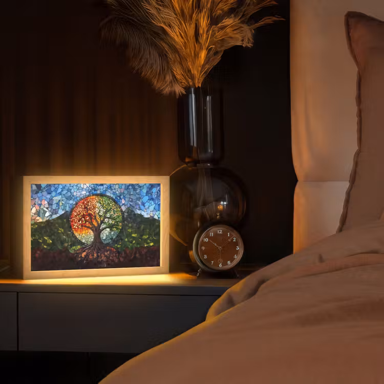Boom - Seizoenen - Mozaïek - Bergen Light Box met kabel (Tafellamp) klein -sfeer1