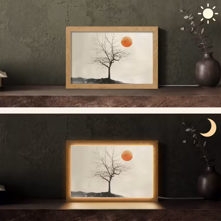 Boom - Zon - Modern - Landschap Light Box met kabel (Tafellamp) klein -sfeer3