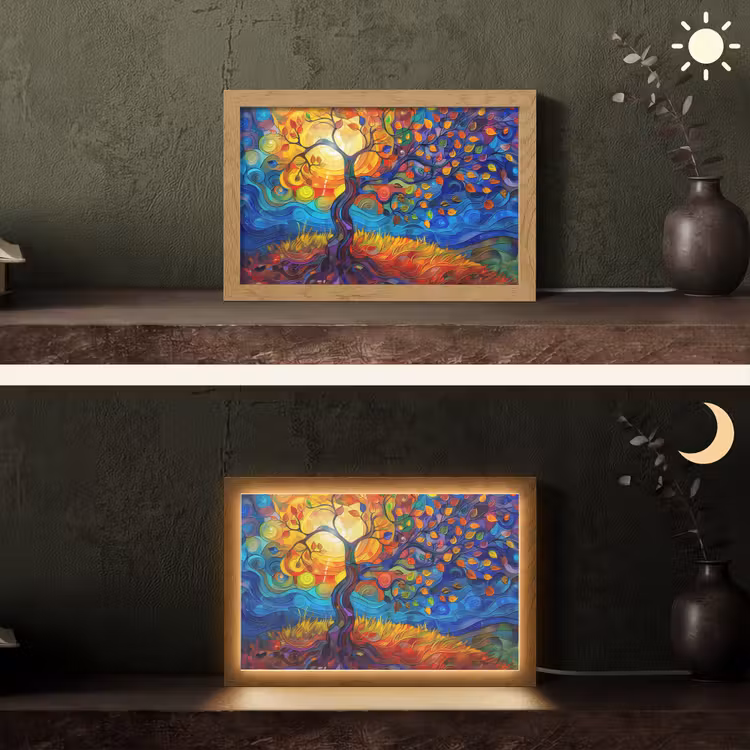 Boom - Zon - Verflook - Kleuren - Abstract Light Box met kabel (Tafellamp) klein -sfeer3