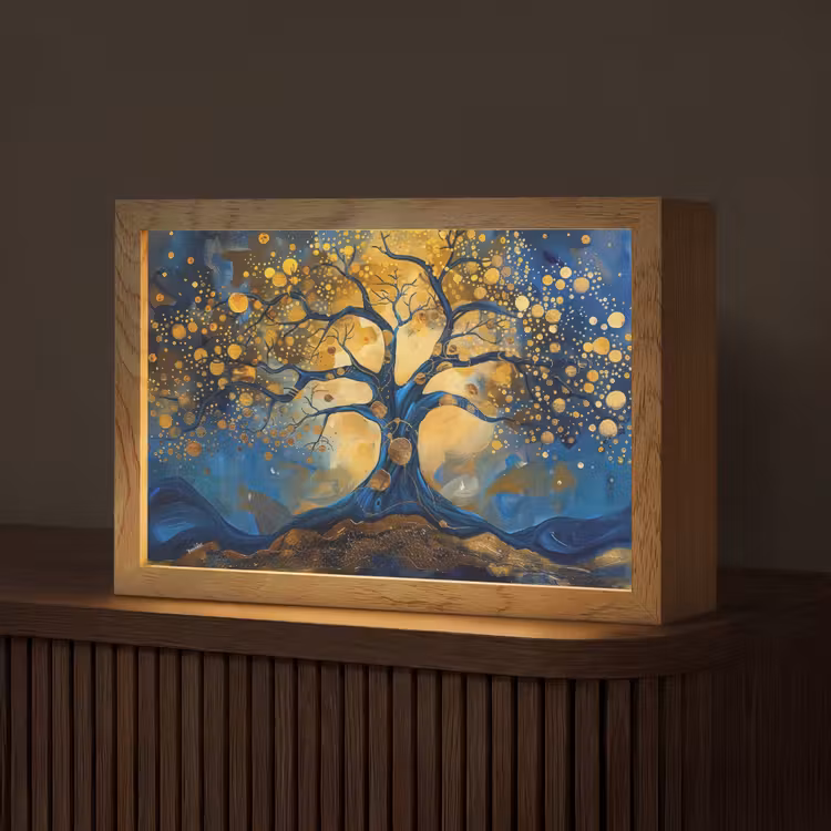 Boom - Levensboom - Blauw - Goud Light Box met kabel (Tafellamp) klein -z3d_website