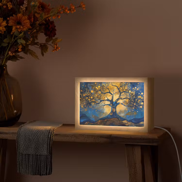 Boom - Levensboom - Blauw - Goud Light Box met kabel (Tafellamp) klein -sfeer4