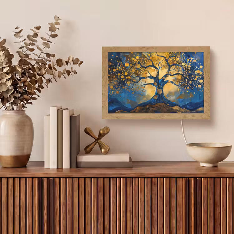 Boom - Levensboom - Blauw - Goud Light Box met kabel (Tafellamp) klein -sfeer2