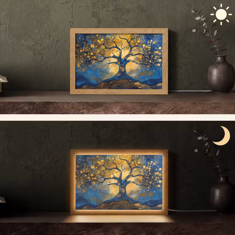 Boom - Levensboom - Blauw - Goud Light Box met kabel (Tafellamp) klein -sfeer3