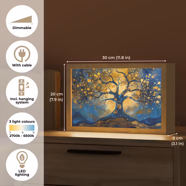 Boom - Levensboom - Blauw - Goud Light Box met kabel (Tafellamp) klein -USP_EN