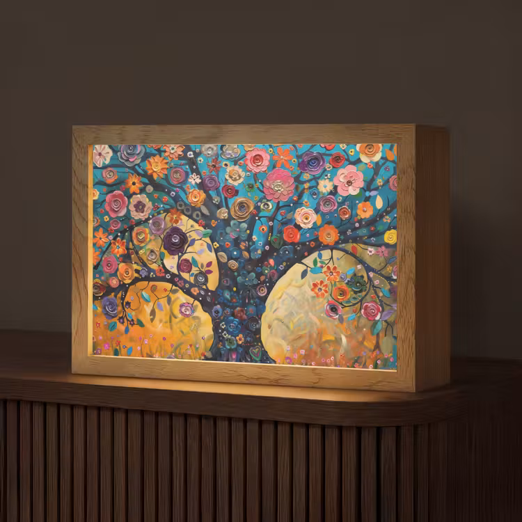 Boom - Levensboom - Kleurrijk - Bloemen - Modern Light Box met kabel (Tafellamp) klein -z3d_website