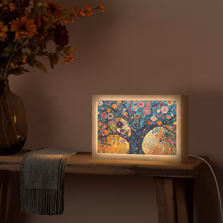 Boom - Levensboom - Kleurrijk - Bloemen - Modern Light Box met kabel (Tafellamp) klein -sfeer4