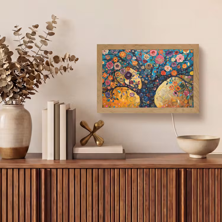 Boom - Levensboom - Kleurrijk - Bloemen - Modern Light Box met kabel (Tafellamp) klein -sfeer2