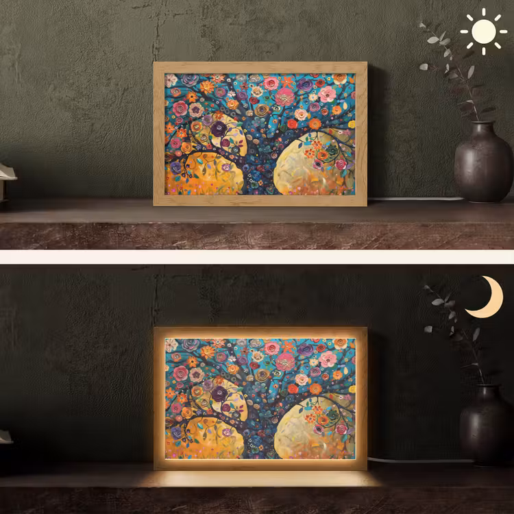 Boom - Levensboom - Kleurrijk - Bloemen - Modern Light Box met kabel (Tafellamp) klein -sfeer3
