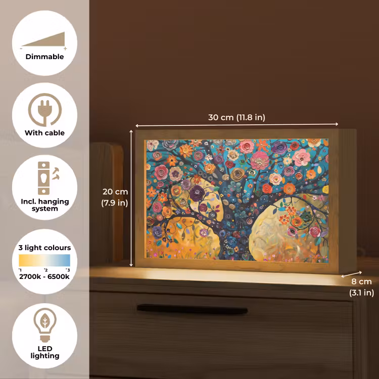 Boom - Levensboom - Kleurrijk - Bloemen - Modern Light Box met kabel (Tafellamp) klein -USP_EN