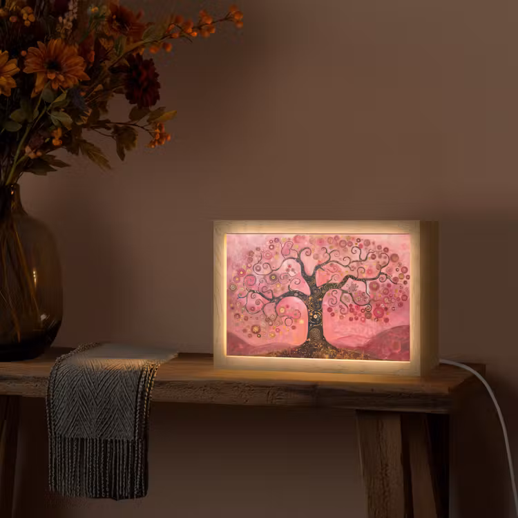 Boom - Levensboom - Roze - Goud Light Box met kabel (Tafellamp) klein -sfeer4