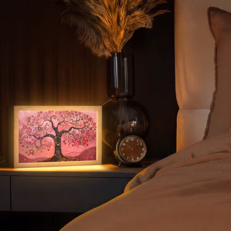 Boom - Levensboom - Roze - Goud Light Box met kabel (Tafellamp) klein -sfeer1