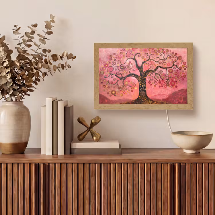 Boom - Levensboom - Roze - Goud Light Box met kabel (Tafellamp) klein -sfeer2