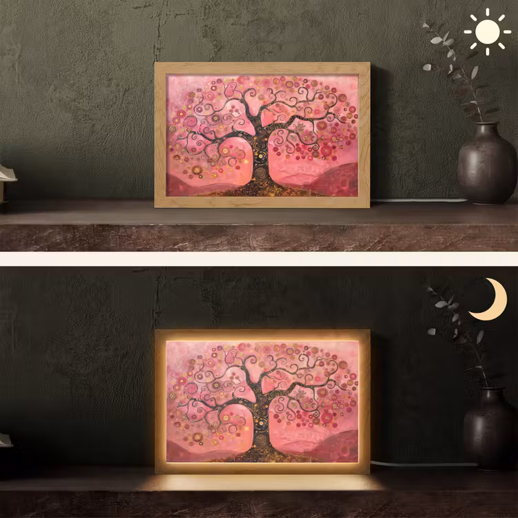 Boom - Levensboom - Roze - Goud Light Box met kabel (Tafellamp) klein -sfeer3
