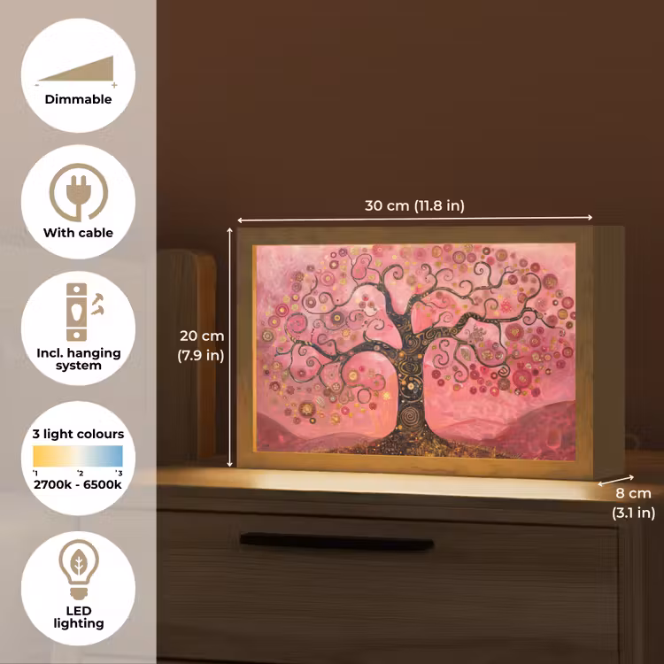 Boom - Levensboom - Roze - Goud Light Box met kabel (Tafellamp) klein -USP_EN
