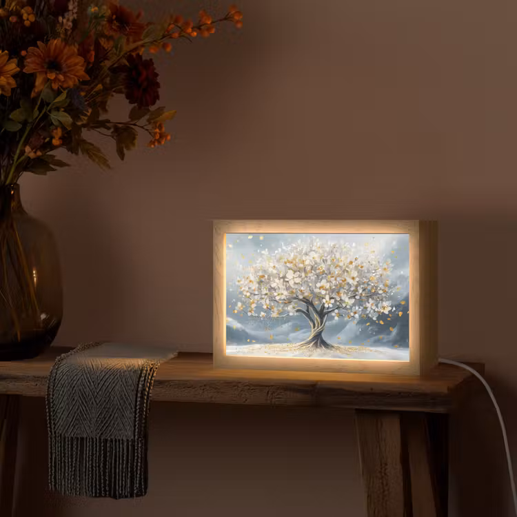 Boom - Winter - Levensboom - Modern - Goud Light Box met kabel (Tafellamp) klein -sfeer4